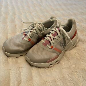 On Cloud Women's Running Shoes in Light Gray with Pink Accents
